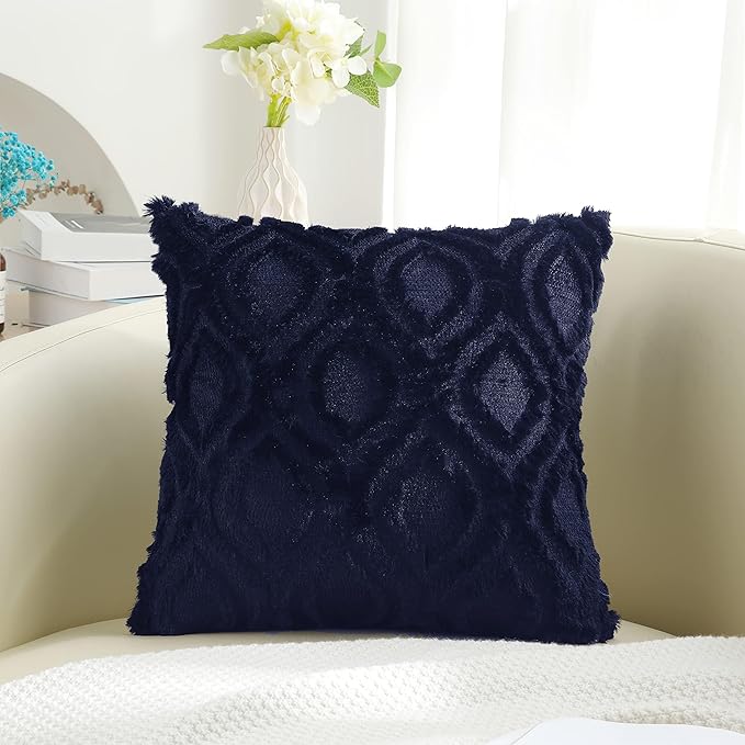 decorUhome Fall Throw Pillow Covers 24x24 Inch Set of 2, Soft Plush Decorative Faux Fur Navy Blue Solid Couch Pillow Covers, Accent Farmhouse Neutral Square Euro Pillow Cases for Sofa Bed Living Room