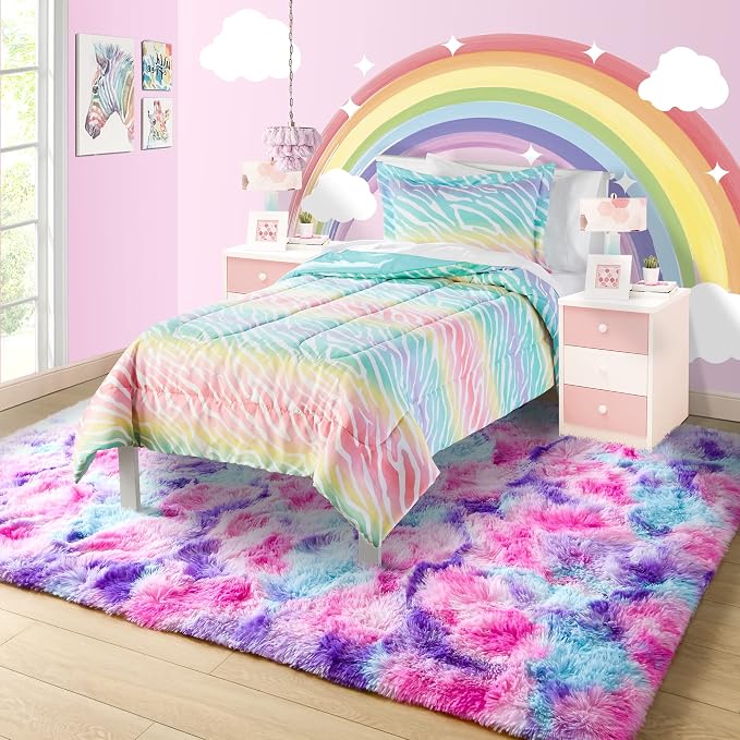 5x7 Tie-Dyed Pink Purple Blue Fluffy Area Rug Non-Slip - Image 2