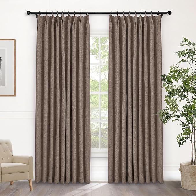 Macochico 100% Blackout Pinch Pleated Linen Curtains 84 Inch Length Thermal Blackout Curtains for Bedroom Living Room Nursery Light Brown Farmhouse Burlap Curtains with Tieback 52”Wx84”L 1 Panel