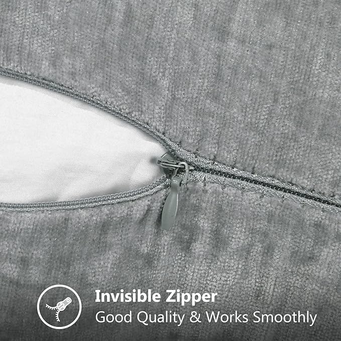 decorUhome Chenille Soft Throw Pillow Covers 18x18 Set of 2, Farmhouse Velvet Neutral Decorative Euro Pillow Covers with Stitched Edge for Couch Sofa Bed Home Decor, Neutral Gray