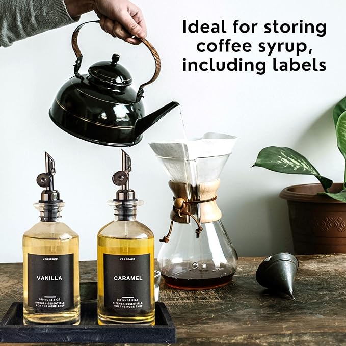 Olive Oil Dispenser Set With Silicone Tray & 40 Labels - 2 Black Bottles (500ml / 17oz) for Kitchen, Soy Sauce, Coffee Syrup
