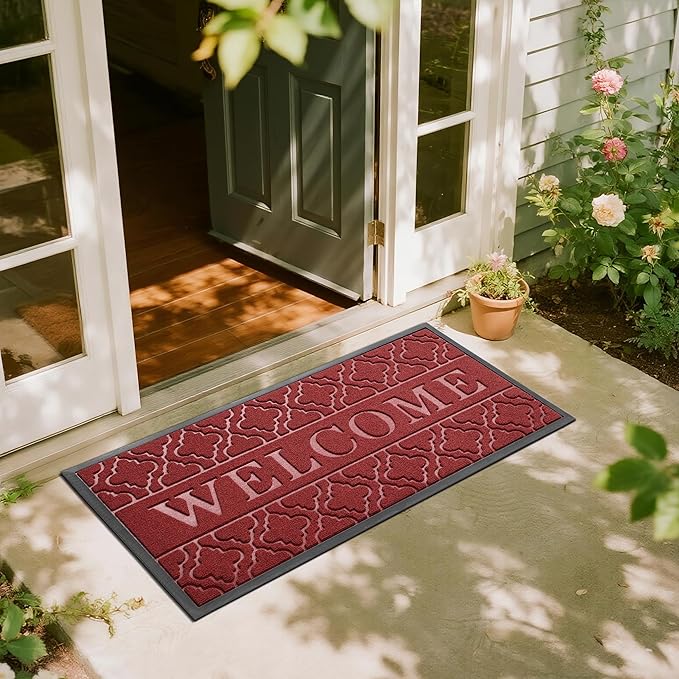 Yimobra Welcome Mat Outdoor Indoor, All-Season Waterproof Front Door Mat Outside Entrance, All-Weather Heavy Duty Non-Slip Doormat, Low Profile Porch Patio Entrance Mats, 47x24, Red