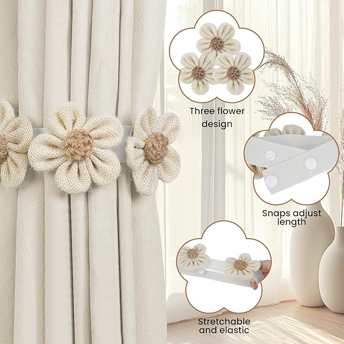 KLOGTSIND Flower Curtain Tiebacks, 6 Pack Boho Curtain Ties Elegant Three - Image 4