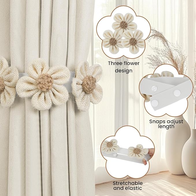 KLOGTSIND Flower Curtain Tiebacks, 2 Pack Boho Curtain Ties Elegant Three - Image 2