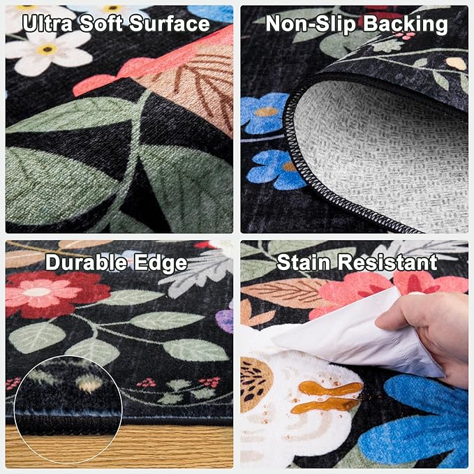 PLHXFR 2x3 Small Entryway Rug: Floral Washable Indoor Soft Carpet Black | - Image 7