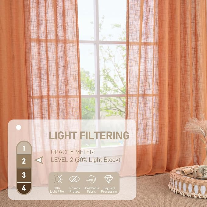 Burnt Orange Sheer Linen Curtains 54 Inch Length, Light Filtering Panels Bronze - Image 5