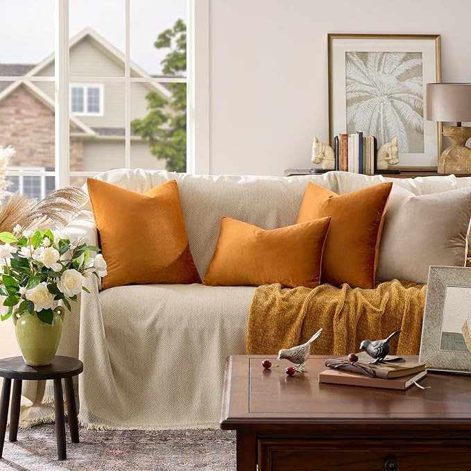 GIGIZAZA Orange Velvet Pillow Covers 20x20 Decorative Pillows Pack of 2 | Throw - Image 2