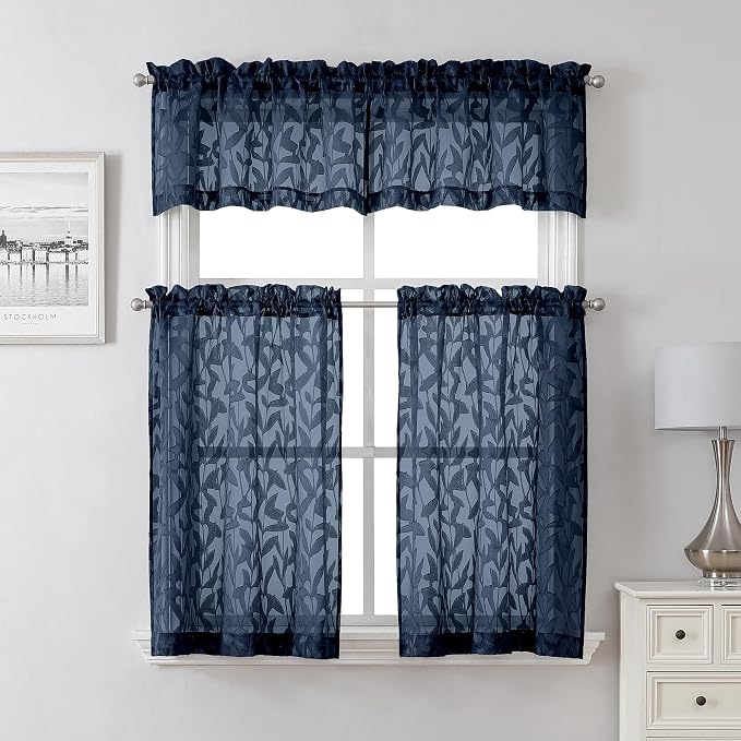 Lecloud Leia Navy Blue Kitchen Sheer Curtains 24 Inch 2 Pcs, Jacquard Leaf - Image 8