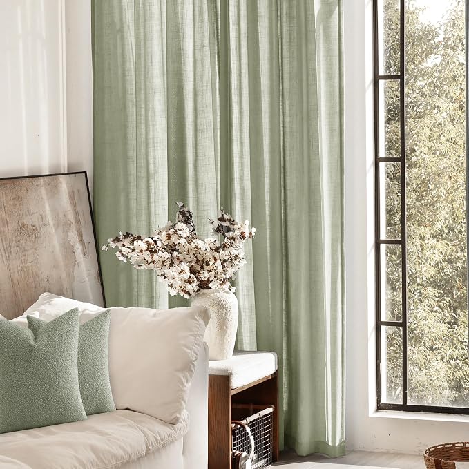 Linen Blend Sage Green Curtains 108 inch Length 2 Panels - Image 4