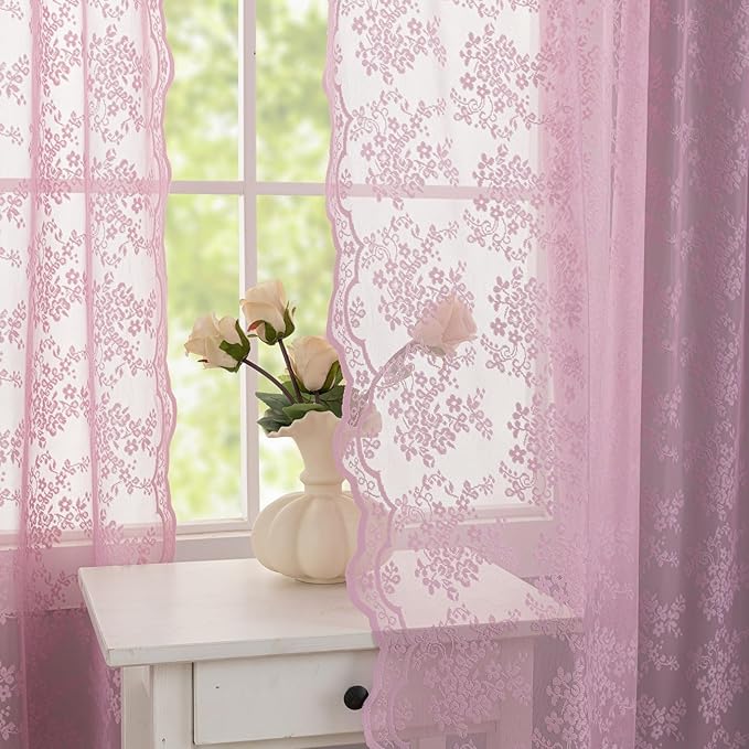 YJ YANJUN Vintage Lace Curtains 63 Inch Length-Victorian Floral Pattern Lilac by YJYANJUN