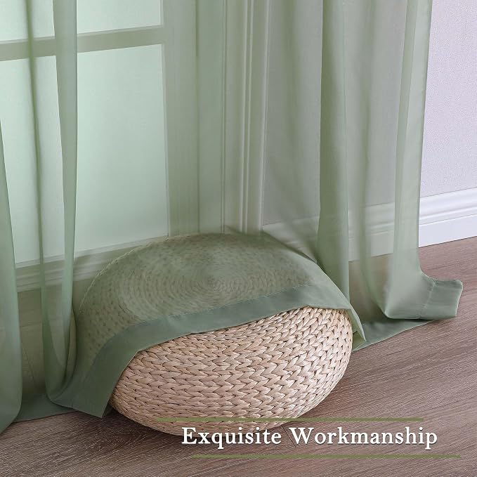 Lecloud Sage Green Sheer Curtains 96 Inches Long 2 Panels, Solid Airy Voile - Image 8