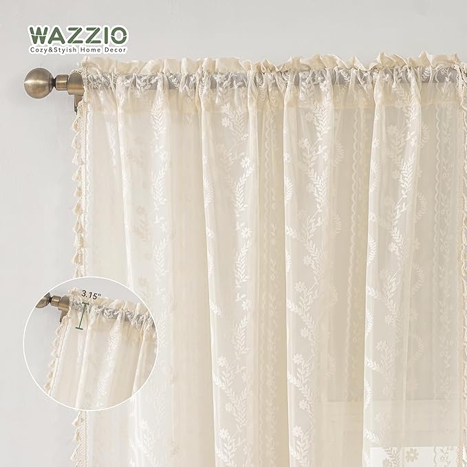 WAZZIO Boho Lace Curtains 2 Panels 80 Inches -Cute Vintage Victorian Sheer - Image 7