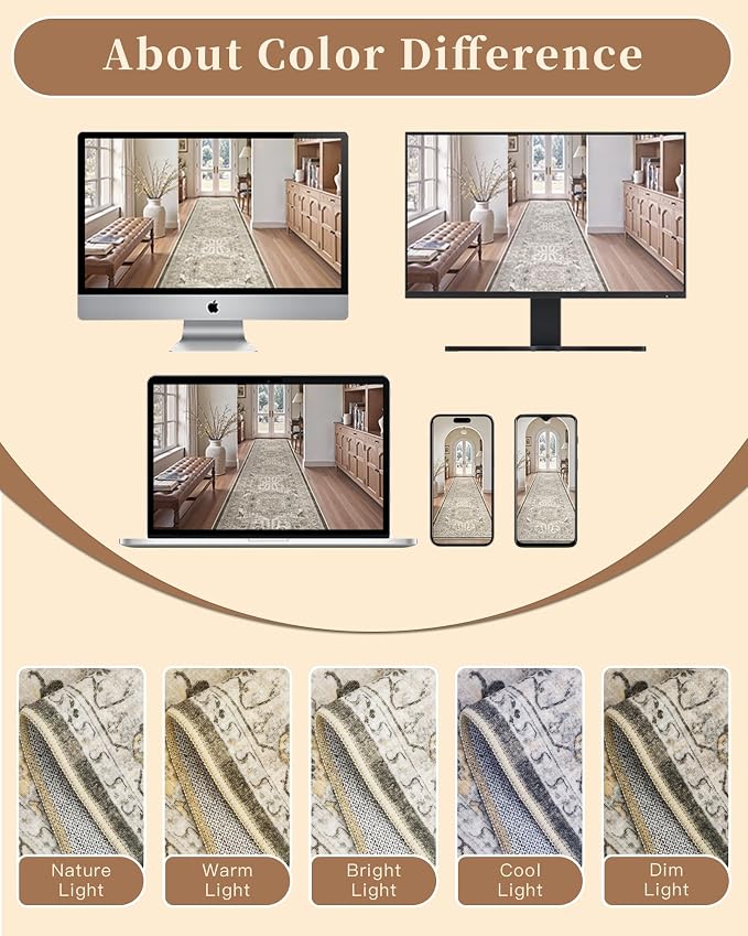 Madane Hallway Runner Rug 2'6''x16' Kitchen Runners Vintage, Ivory/Brown | Long - Image 9