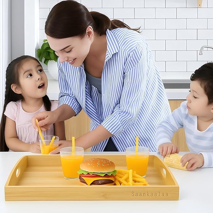 Bamboo Serving Tray Set of 2 Elegant for Coffee, Eating or Decor - Large and Small Rectangle Serving Trays with Handles - Wood Serving Tray Suitable for Home, Kitchen and Outdoor