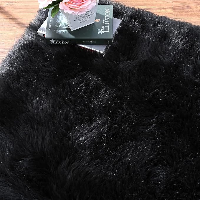 ORINOVA Black Shag Washable Furry Fur Area Rugs - Image 6