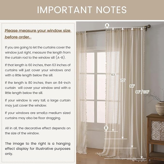 WAZZIO Boho Lace Curtains 63 Inches 2 Panel, Light Filtering Privacy Tassel & - Image 2