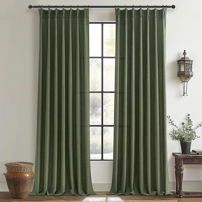 Olive Green Linen Curtains 96 Inches Long 2 Panels Set, Modern Aesthetic Pinch by PleatedDrapes