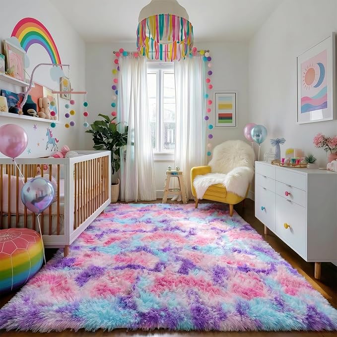 Amdrebio Pink Blue Purple Shaggy Kids Rug 5x8 - Image 6