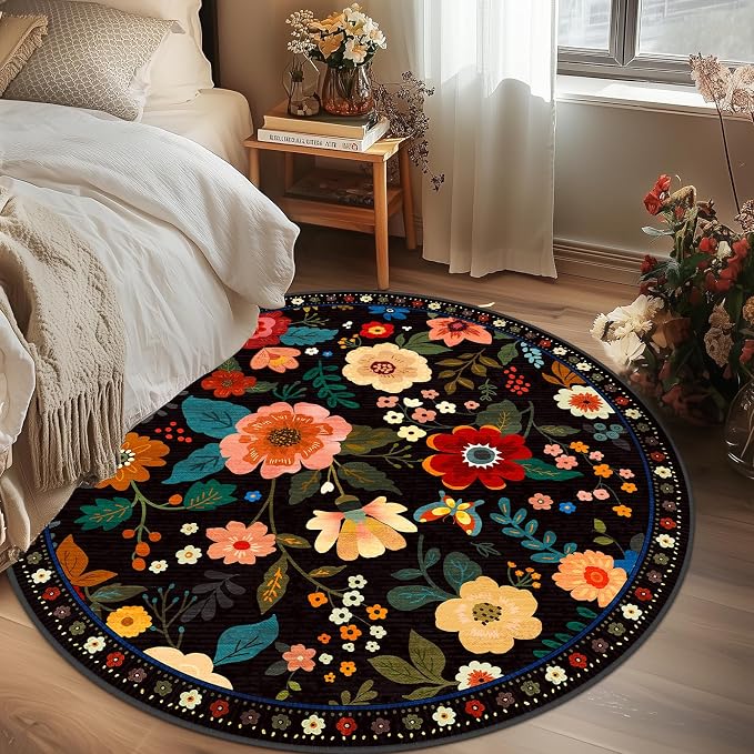 RELEANY Floral Washable Round 4ft Area Rug Black | Flower Carpet Print Boho - Image 3