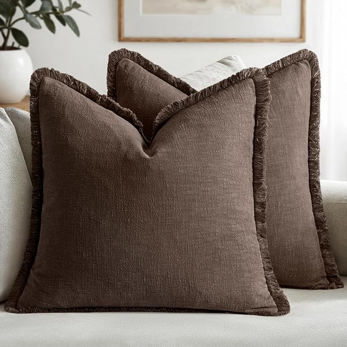 MIULEE Linen Fringe Decorative Fall Euro Pillow Covers Reddish Brown 24x24 | by MIULEE