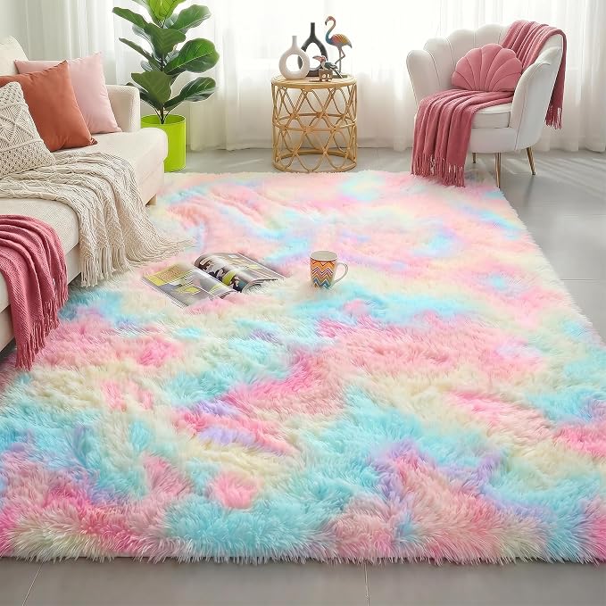 Amdrebio Rainbow Unicorn Pastel Fluffy Small Area Rug 3x5 by Amdrebio