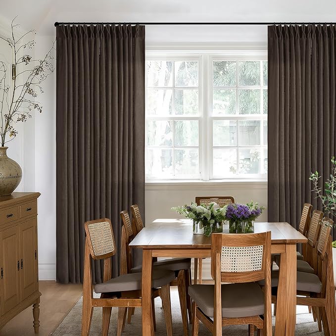 Dark Chocolate 120 Inch Pinch Pleated Semi Sheer Linen Curtains 2 Panels | - Image 9