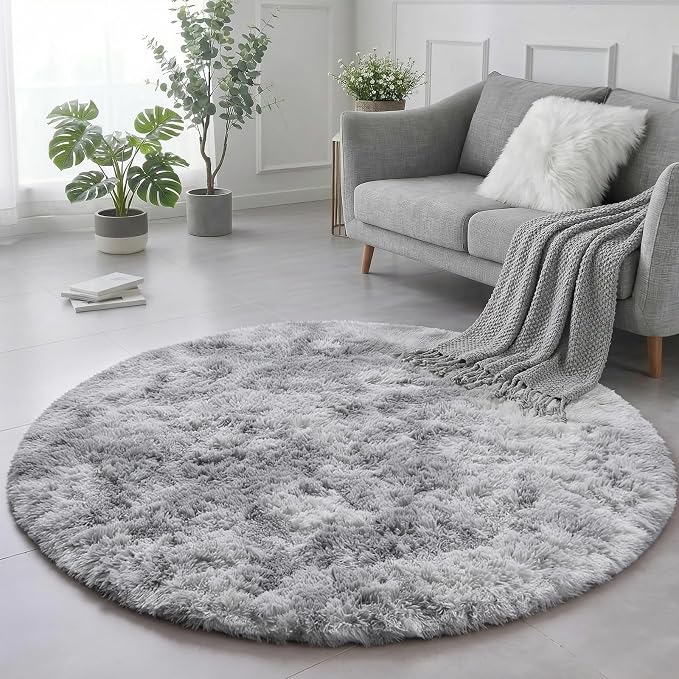 Amdrebio Tie-Dyed Light Grey Round Area Rugs - Image 3