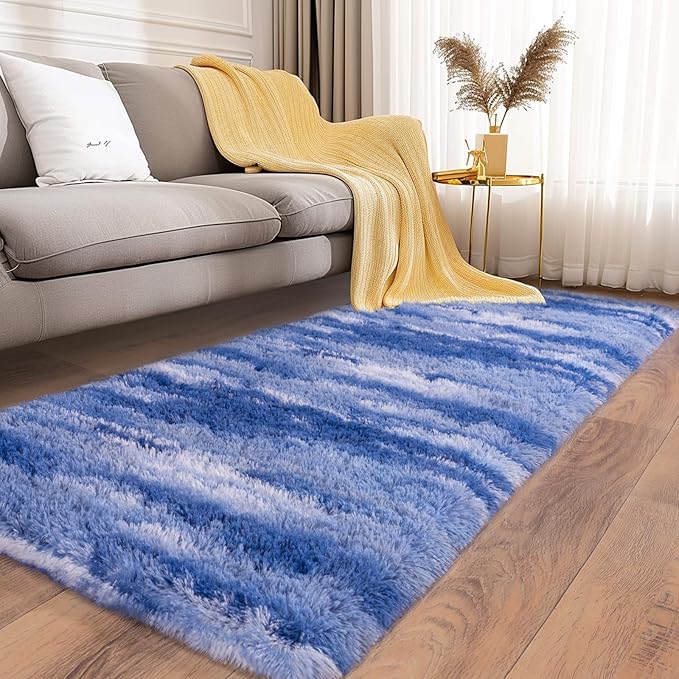 Soft Runner Rugs for Bedroom Hallways, 2x6 Abstract Blue White Fluffy Shag - Image 2