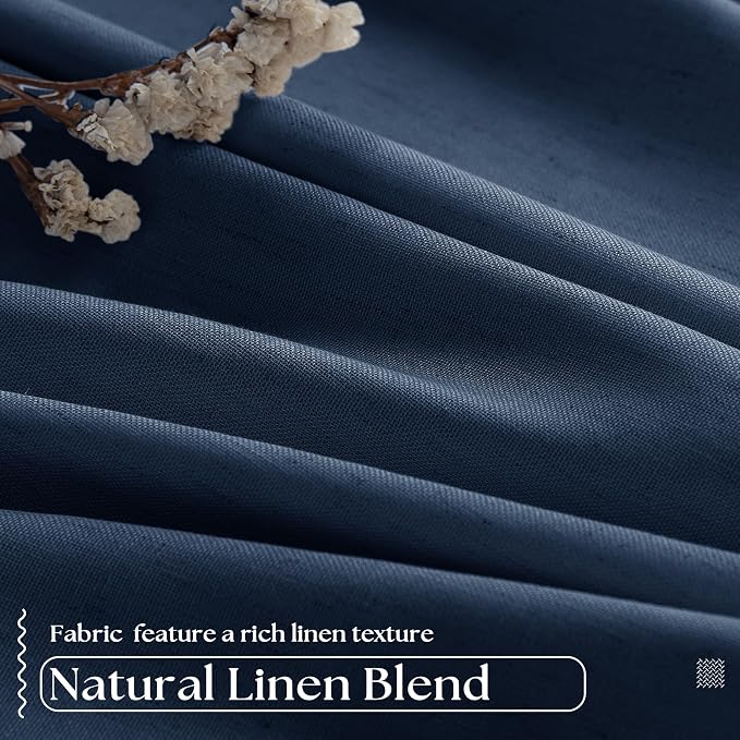Navy Blue Pinch Pleated Full Blackout Linen 80 Inch Window Curtains | Room - Image 5