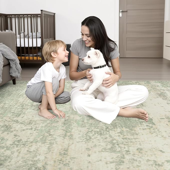 2x3 Washable Entryway Rug: Modern Abstract Soft Carpet Green Cream | - Image 2