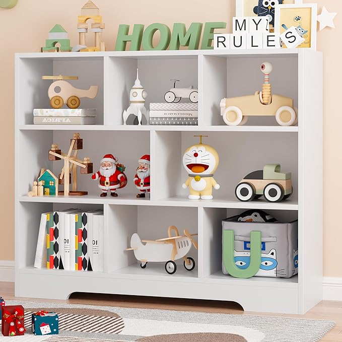 Book Shelf Set of 2, 8 Cubes Storage Organizer, 3-Tier Open Bookshelf Wooden Bookcase, Freestanding White Bookshelf Cube Shelf for Bedroom, Living Room