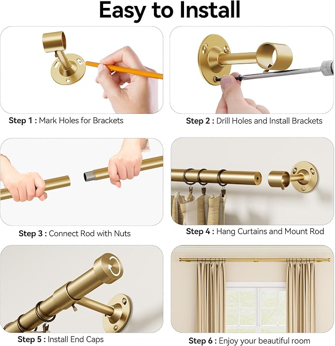 YaFex 2 Pack Heavy Duty Curtain Rods 32-150 Inch, 1 Inch Adjustable Gold - Image 8