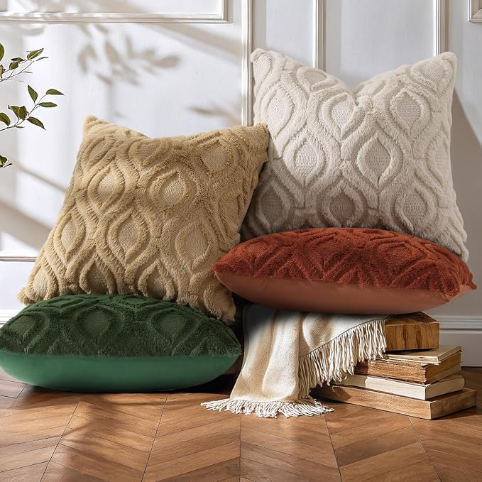 decorUhome Throw Pillow Covers 22x22 Inch Set of 2, Soft Plush Faux Wool Khaki - Image 3