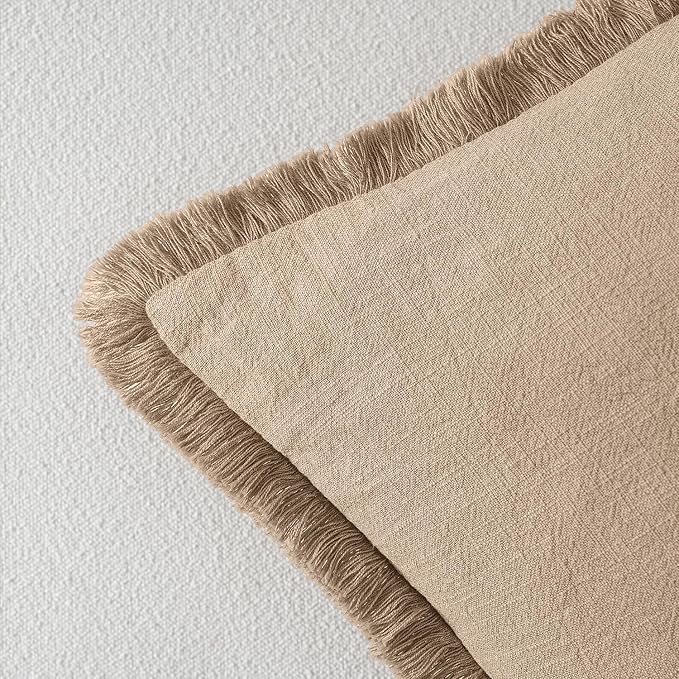 MIULEE Boho Linen Fringe Decorative Throw Pillow Covers Camel 18x18 | Set of 2 - Image 3