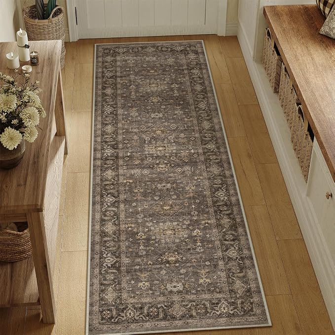 2x8 Washable Runner Rug for Hallway Kitchen Vintage Brown Non Slip Low Pile by WondRg