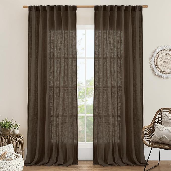 Dark Brown Linen Curtains, Light Filtering Panels, 52 x 96 Inch | Semi Sheer by LAMIT