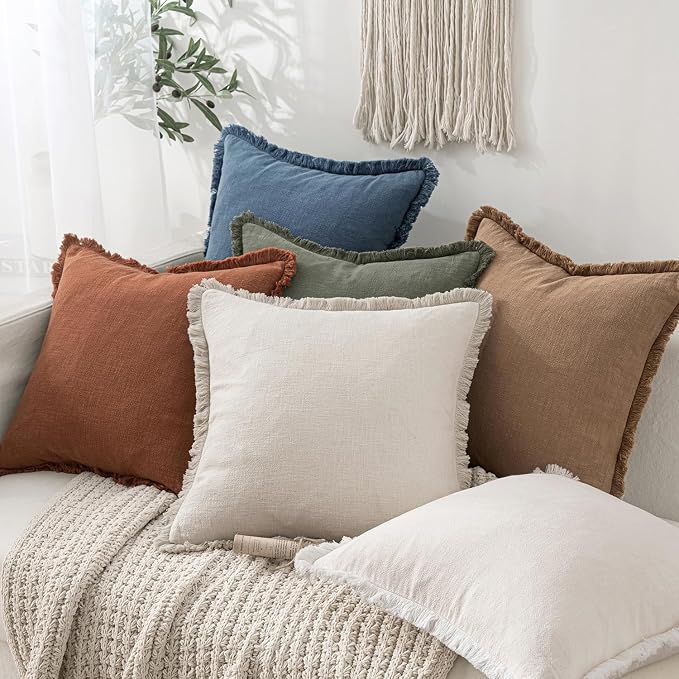 MIULEE Linen Fringe Decorative Euro Throw Pillow Covers Blue Ashes 24x24 | Set - Image 5