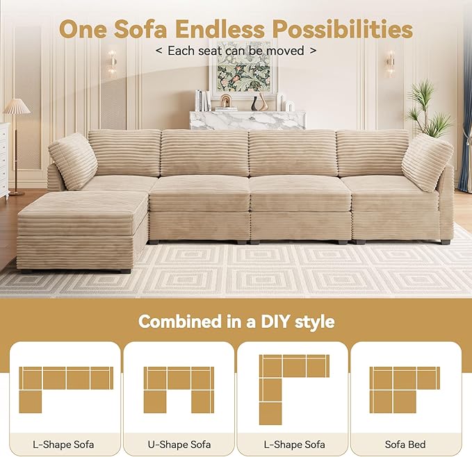 Modular Sectional Sofa with Chaise U Shaped Sectional Couch for Living Room, 8-Seater Comfy Cloud Couches with One Movable Ottoman, Plush Corduroy, Beige