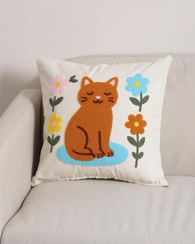 katre home madame & textile Cat Throw Pillow Cover – 100% Cotton Embroidered Decorative Cushion Case 18x18 – Handmade Punch Needle Pillow for Sofa, Bed, Couch or Gift for Cat Lovers