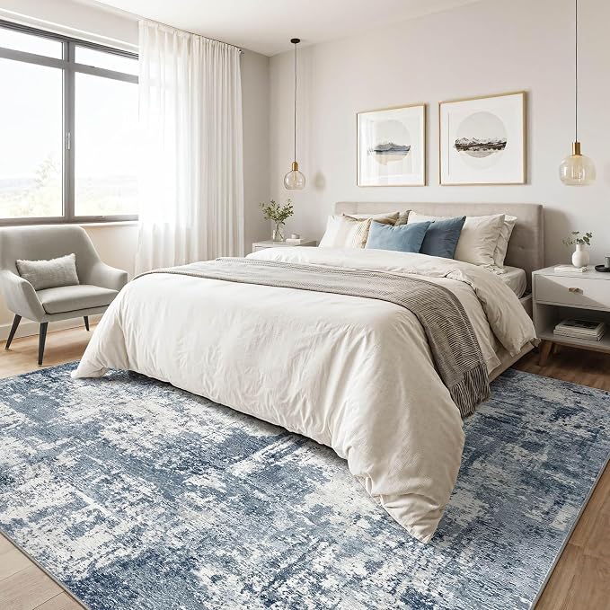 LOONGRUG 6x8 Area Rug Washable Neutral Modern Living Room Rugs White Blue | - Image 4