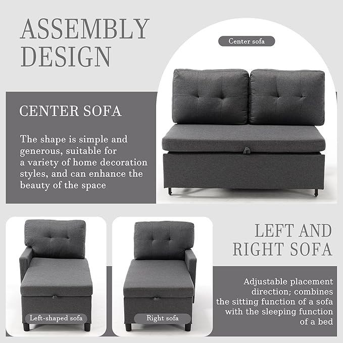Pull Out Couch, Oversized Sleeper Sofa Couch, Sectional Sleeper Sofa Bed for Living Room Bedroom Lounge (Grey, 73 Inch)
