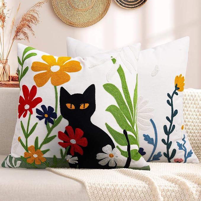 Merrycolor Embroidered Pillow Covers 18x18 Black Cat and Flower Pattern Halloween Decorative Throw Pillow Covers Comfortable Cotton Canvas Square Couch Cushion Cases for Sofa Bed Living Room Decor