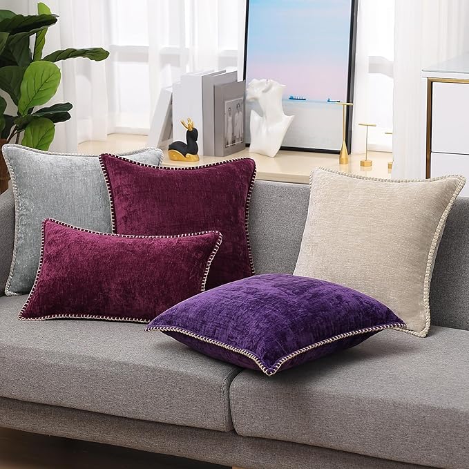 decorUhome Chenille Soft Throw Pillow Covers 26x26 Set of 2, Farmhouse Velvet Neutral Decorative Euro Pillow Covers with Stitched Edge for Couch Sofa Bed Home Decor, Rhododendron