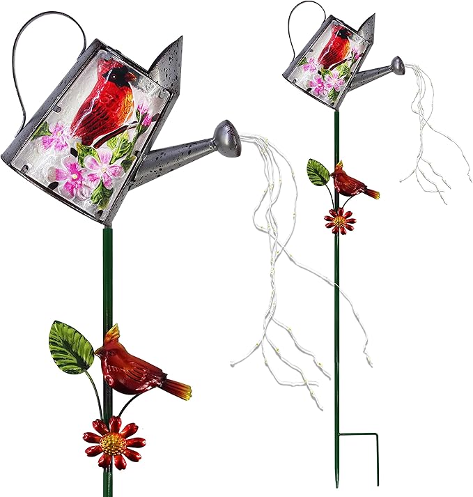 Garden Solar Lights Outdoor, Metal Watering Can Garden Stake Lights Cardinal Bird Decor Glass Art for Walkway, Pathway, Yard, Lawn