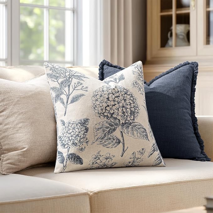 Set of 2 Decorative Floral Pillow Covers 22x22 Inch Light Blue | Neutral - Image 3