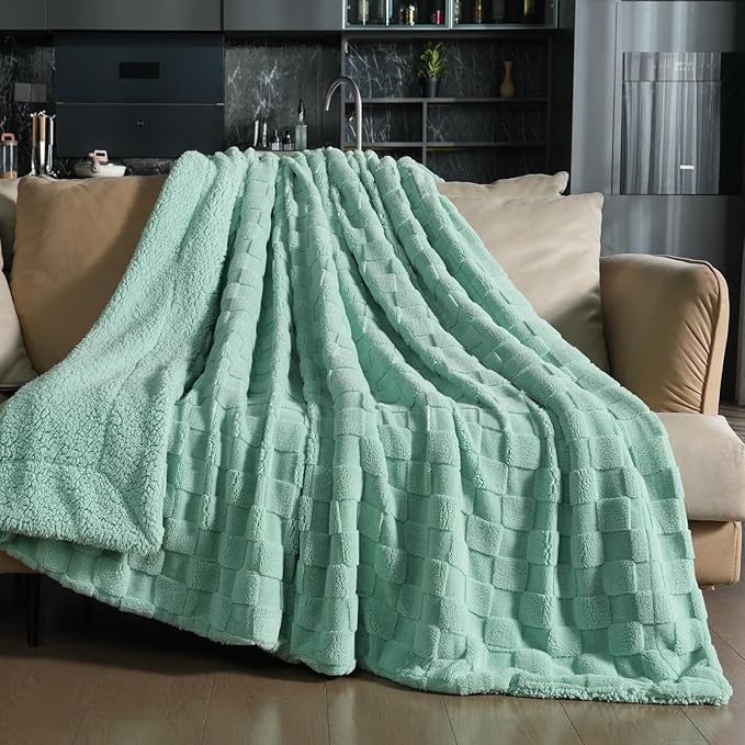 Pawque Super Soft Cozy Throw Blanket Twin Size for Couch Bed, Fluffy Sherpa Fleece Reversible Thick Warm Fuzzy Blanket for All-Season, 3D Checkered Jacquard Decorative Blankets, Sage Green, 60"x80"