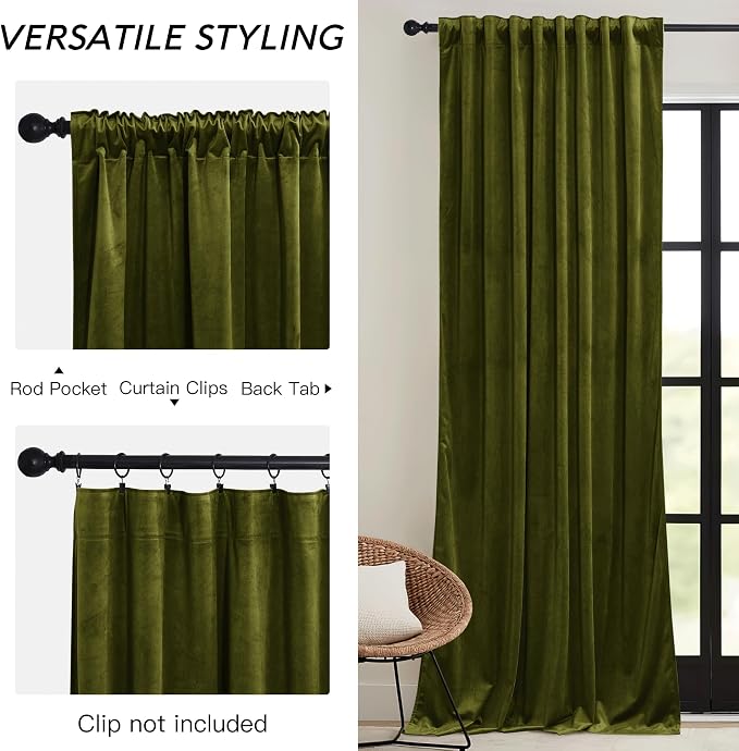 RYB HOME Moss Green Velvet Curtains 90 inches, Luxury and Soft Velvet Fabric - Image 3