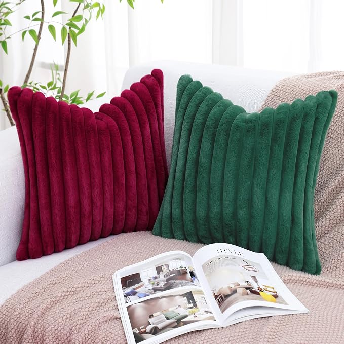 decorUhome Fall Faux Fur Throw Pillow Covers 24x24 Set of 2 Christmas Green | - Image 6