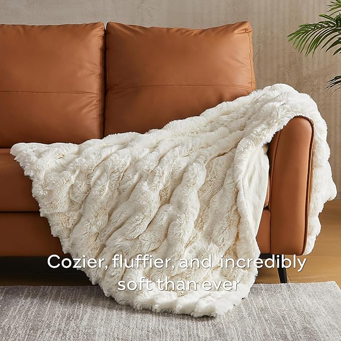 JELLYMONI Faux Fur Throw Blanket, White Fuzzy Cozy Plush Bubble Bed Blanket, Thick and Warm King (108" x 90")