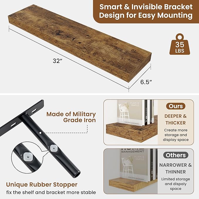 fuqing Floating Shelves for Wall, Bathroom Shelf Wall Mounted for Storage, Shelves with Invisible Bracket for Bedroom, Kitchen, Living Room, Farmhouse Small Book Shelf, 32 Inch Set of 2, Rustic Brown